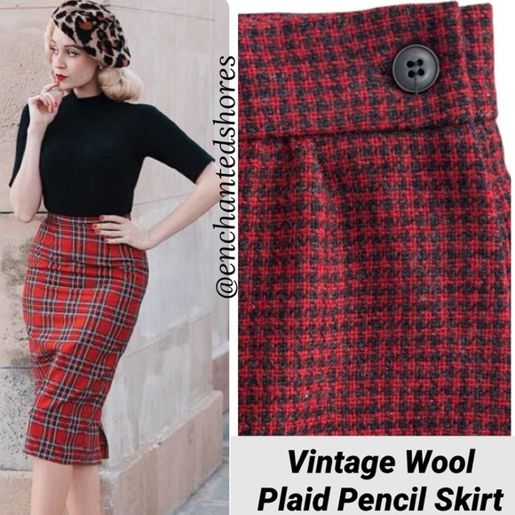 Vintage Wool Plaid Skirt Straight Pencil Herringbone Tweed...